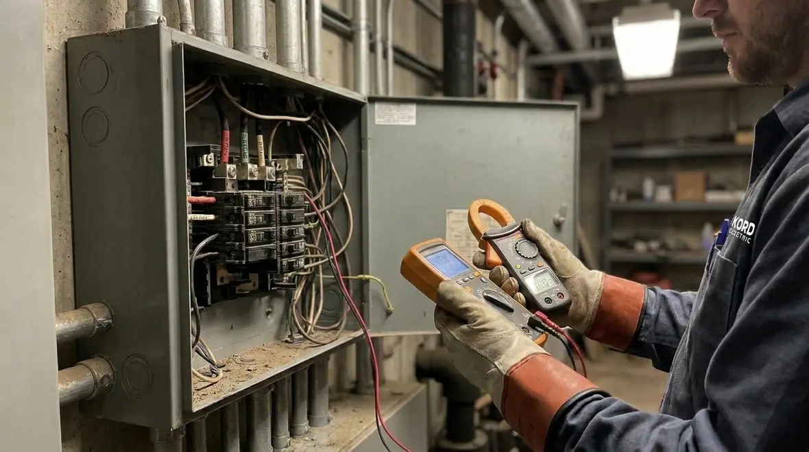 Technician testing grounding and protective devices during an electrical safety audit