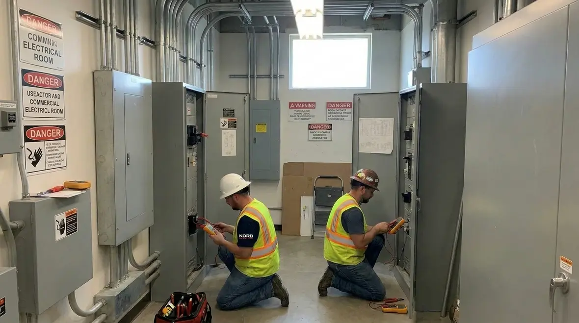 Industrial electrical service panel inspected during preventative maintenance