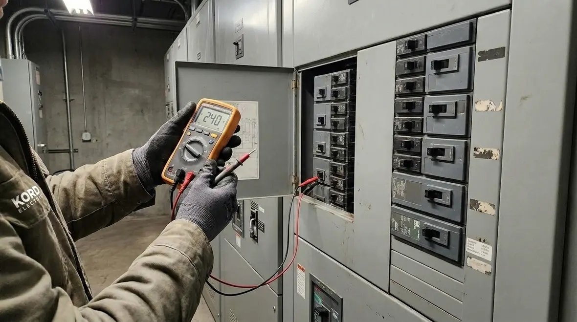 Technician planning preventative electrical maintenance schedule for a commercial facility