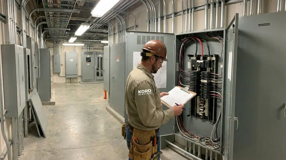 Electrician reviewing an electrical subpanel sizing guide for a commercial building