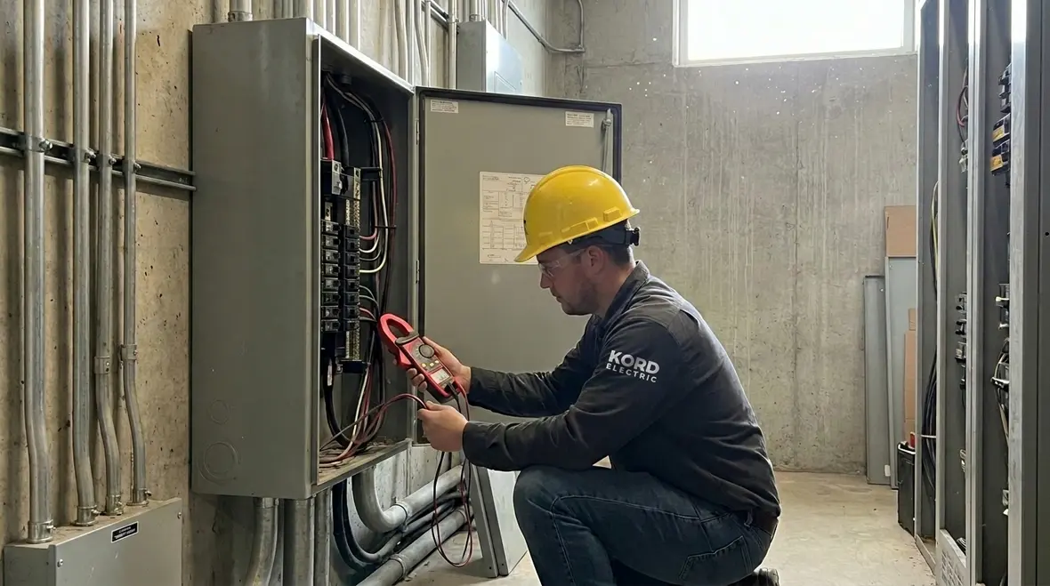 Commercial electrician inspecting a facility subpanel for troubleshooting