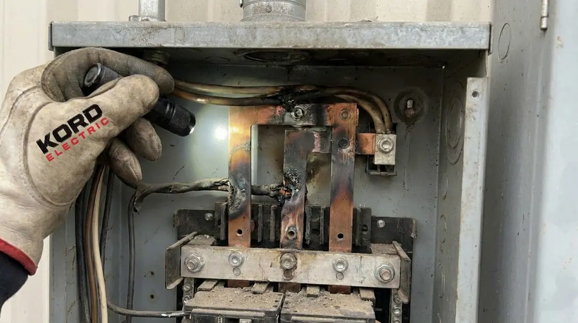 Warning signs inside an electrical subpanel at a commercial facility