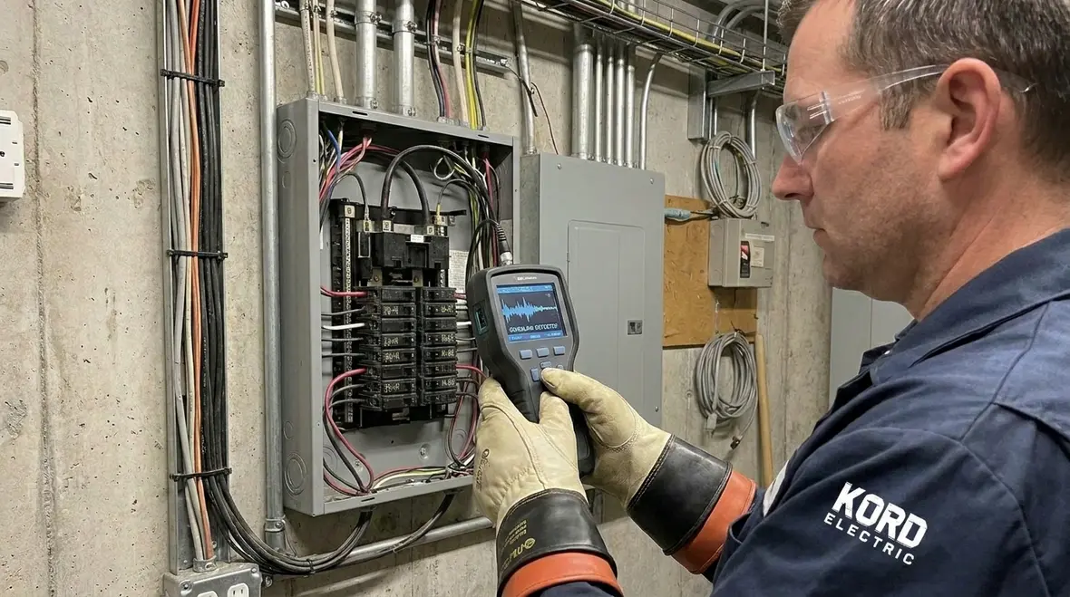 Technician using thermal imaging to check heat and hotspots on a subpanel