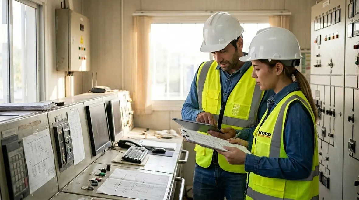Technician assessing surge protection risk in a commercial electrical room