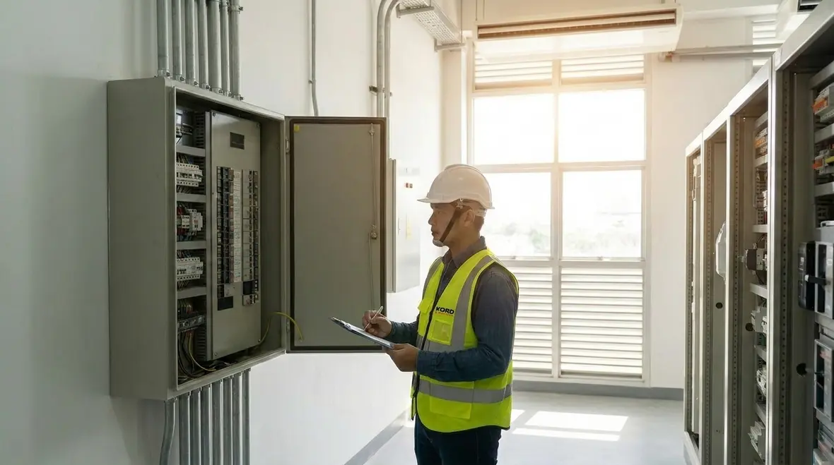 Technician performing a commercial facility electrical audit in a main electrical room