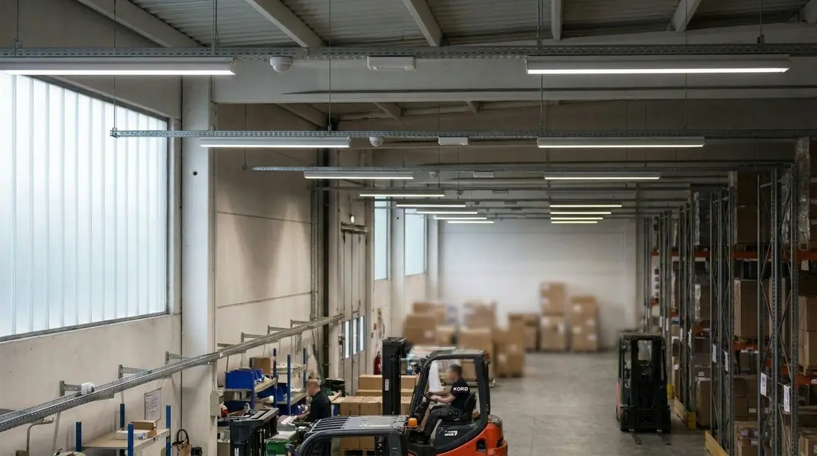 Warehouse staff working under automated industrial lighting controls