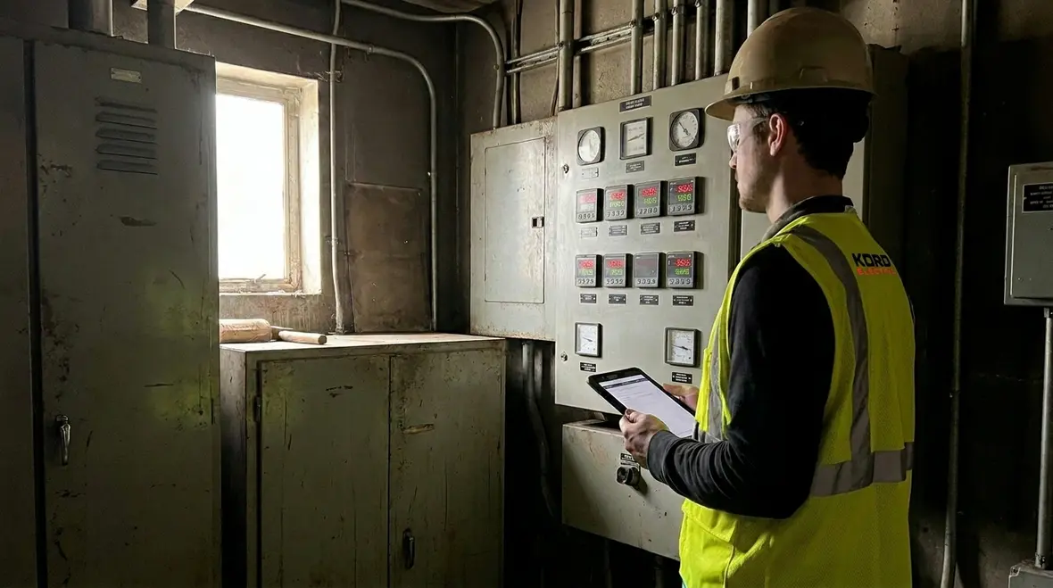 Technician performing a commercial building energy audit on electrical switchgear