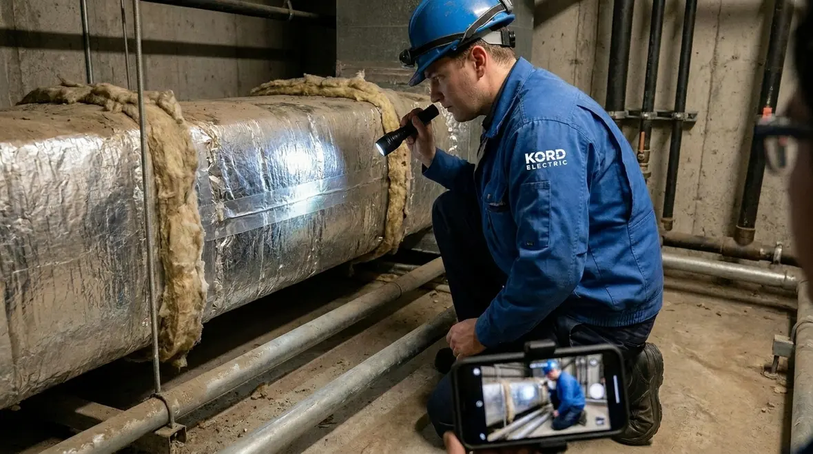 Energy audit technician reviewing operational costs for a commercial facility