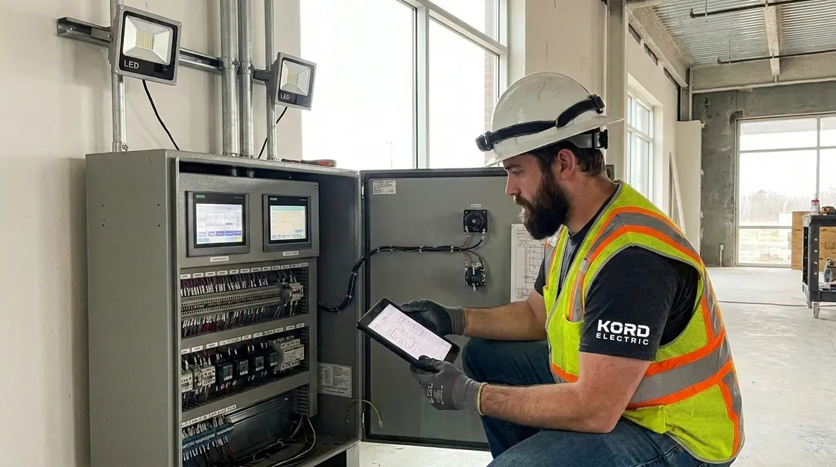 Industrial lighting automation controls in a commercial electrical room