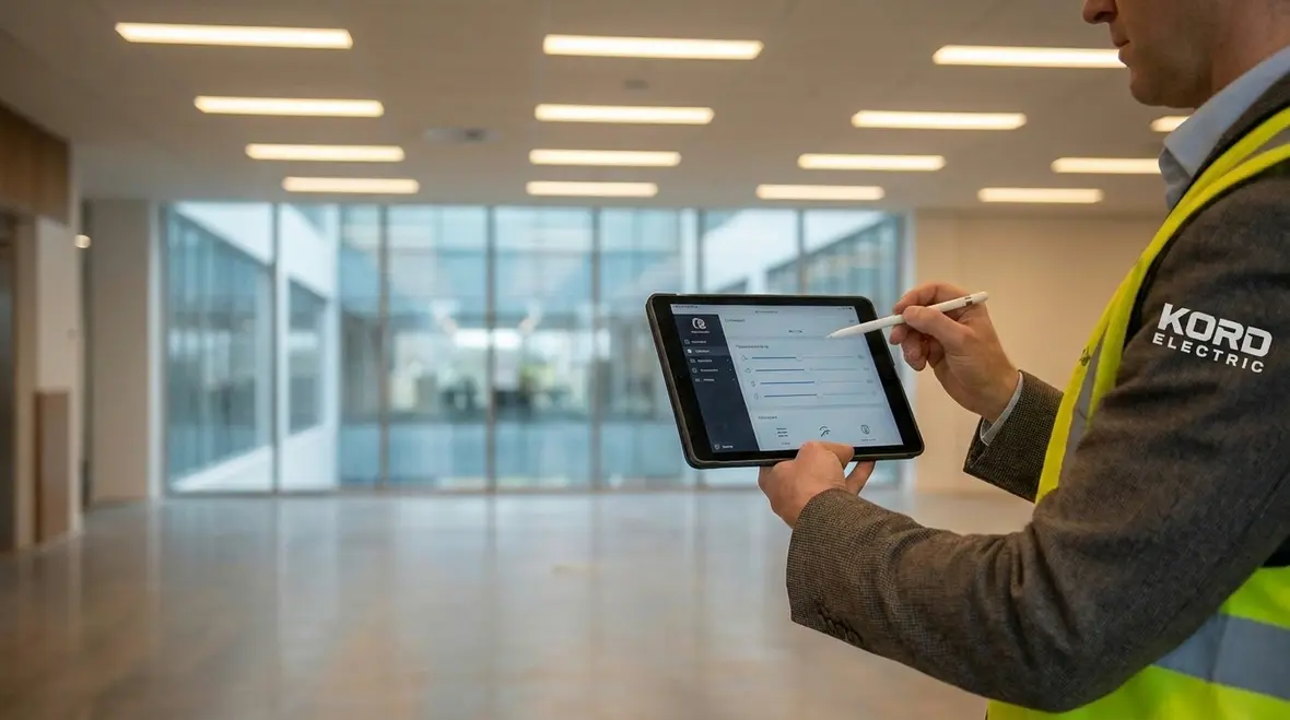 Technician reviewing an integrated commercial lighting control system for ROI