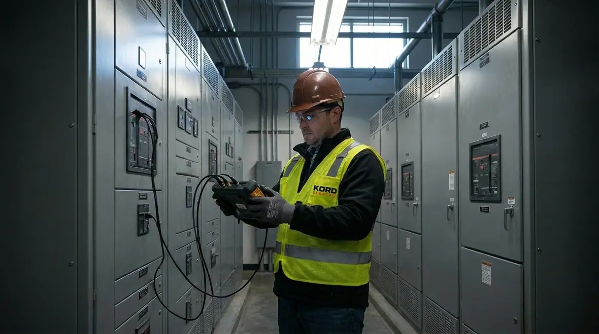 Technician performing electrical system troubleshooting for factories during downtime