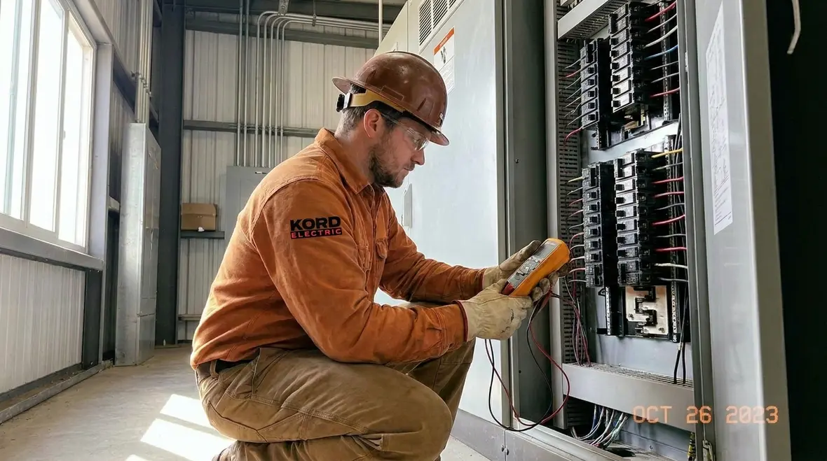 Commercial electrical panel inspection and testing during business troubleshooting visit