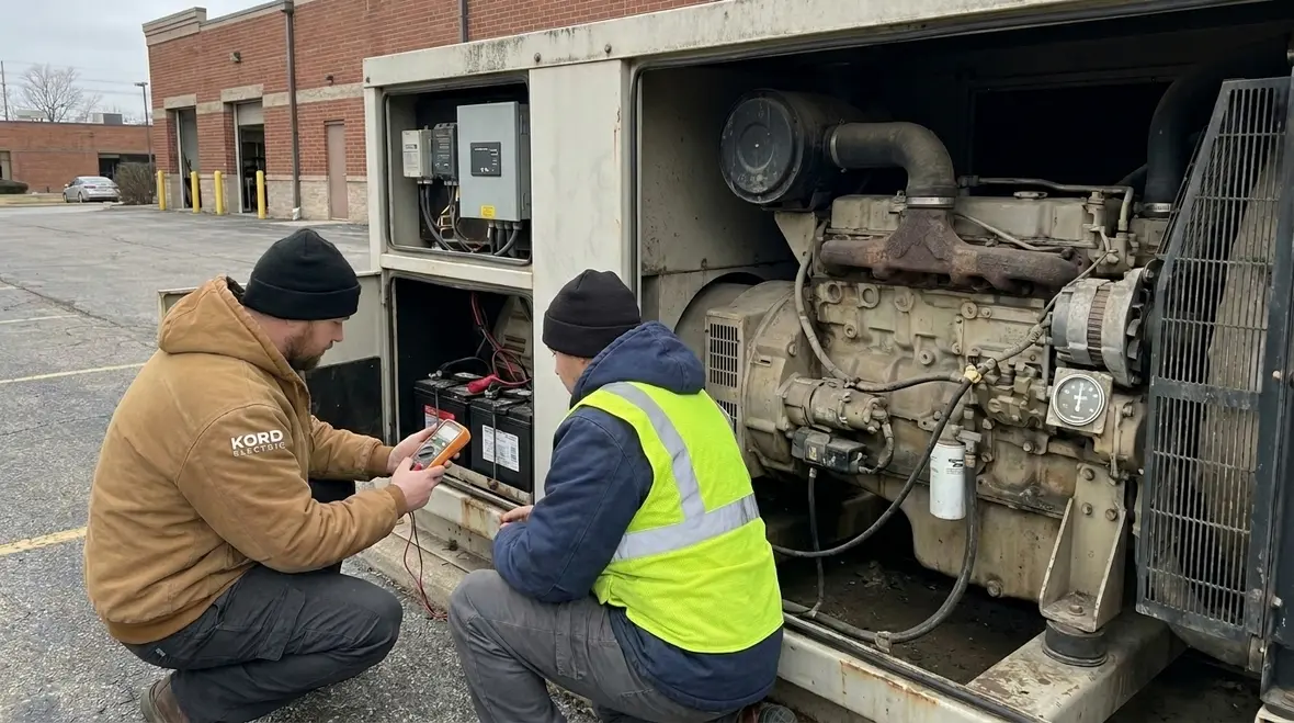 Technicians configuring emergency electrical power solutions for a commercial facility