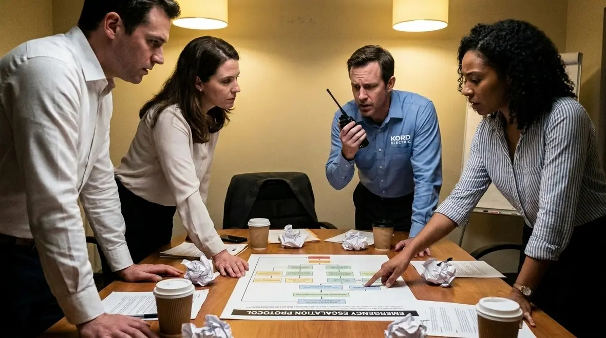 Office leadership team reviewing electrical emergency roles and communication flow