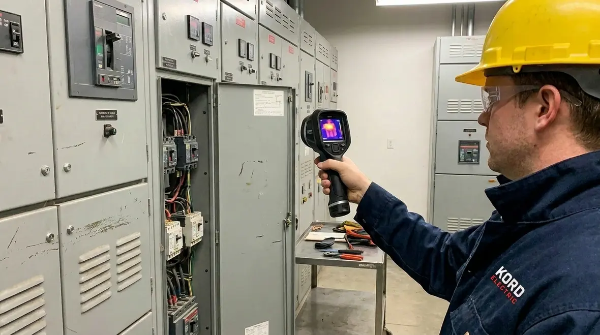 Technician inspecting commercial switchgear and life safety electrical panels