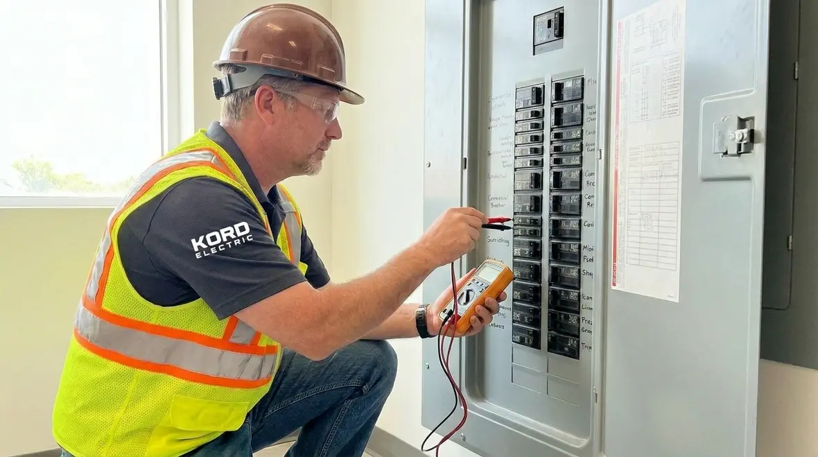 Technician performing commercial circuit breaker troubleshooting in an electrical room