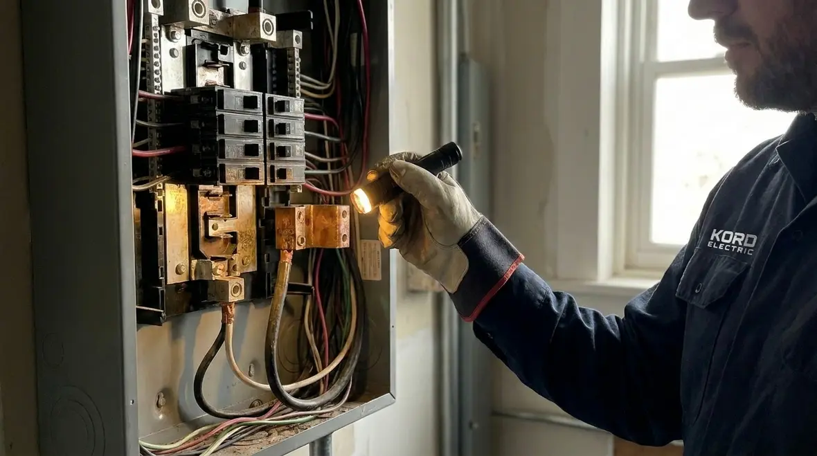 Commercial electrical panel with labeling and breakers in a major property building