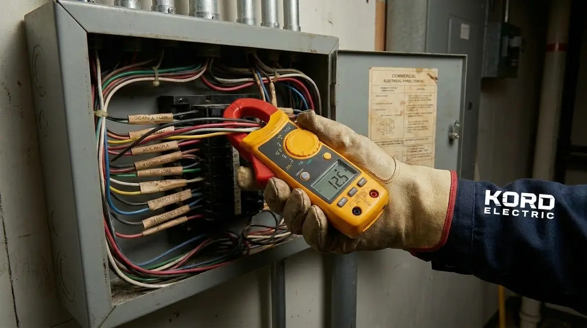 Electrician using test equipment for commercial circuit breaker troubleshooting