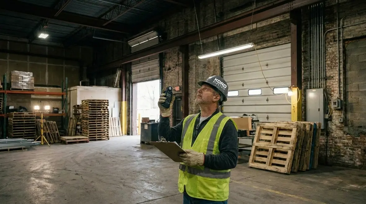Technicians reviewing smart lighting retrofit payback