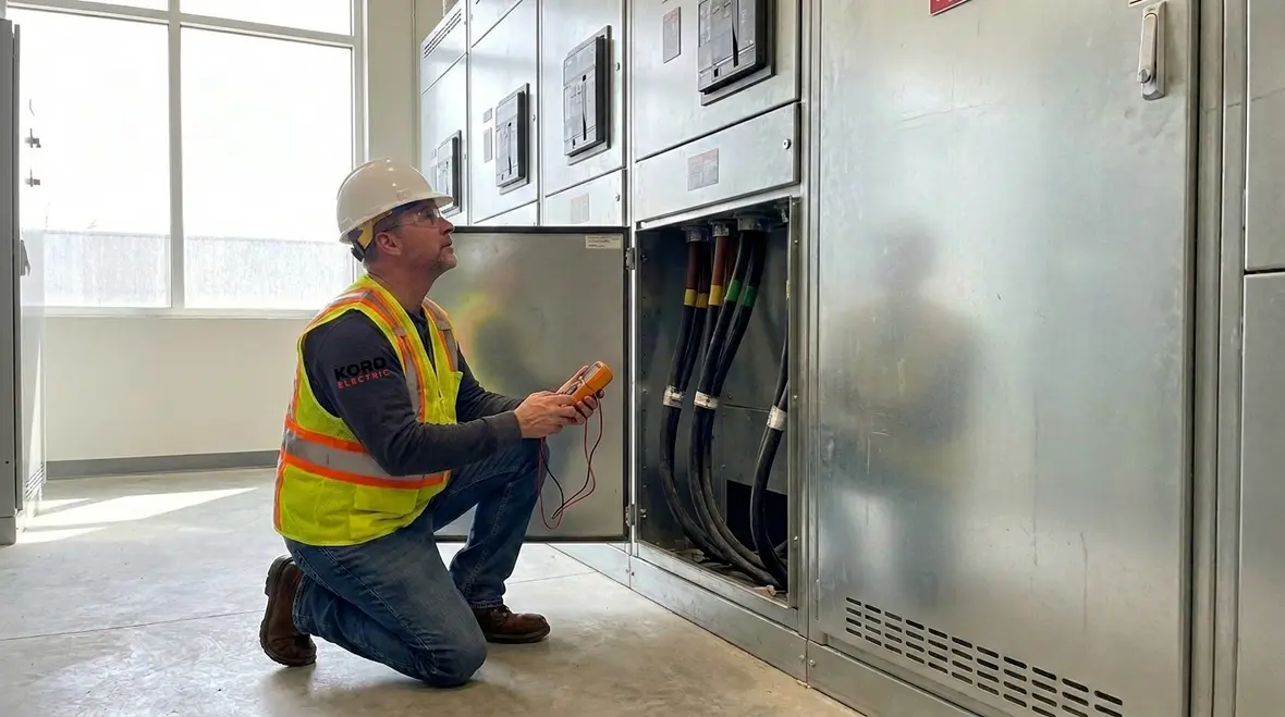 Technicians performing a commercial facility power reliability audit in an office building