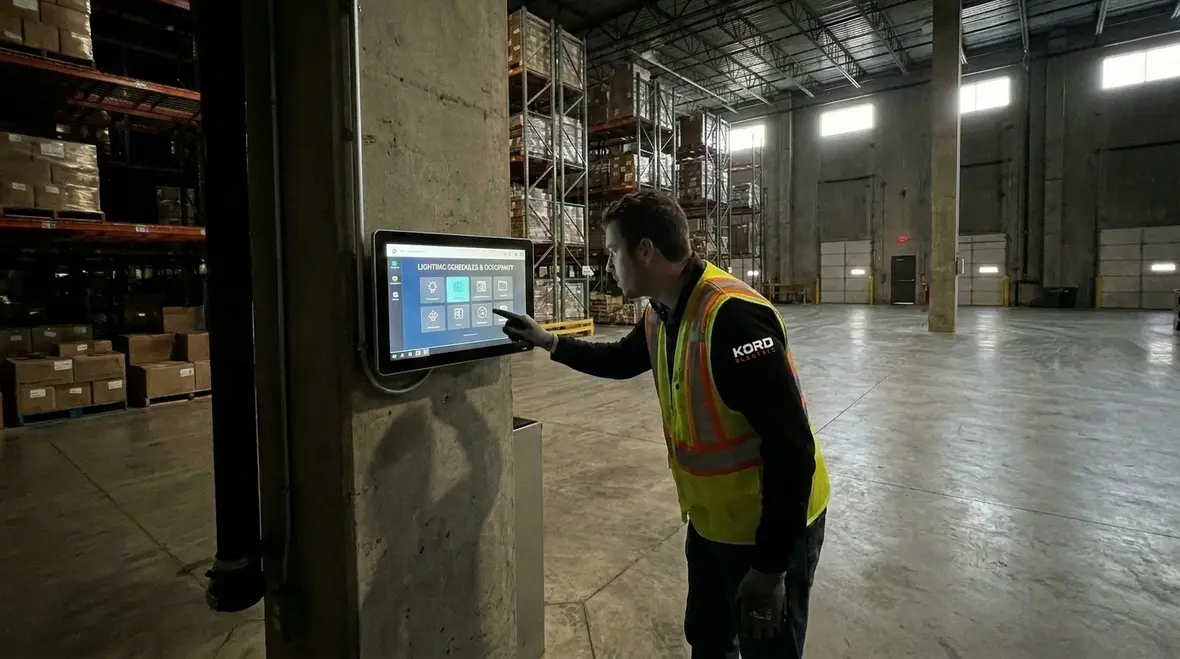 Technicians planning an optimized industrial warehouse lighting layout