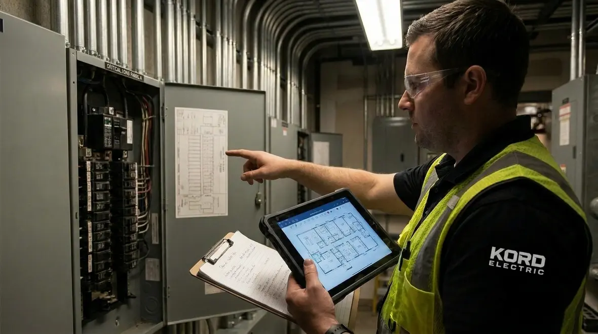 Technicians reviewing emergency power distribution continuity planning priorities in a commercial facility