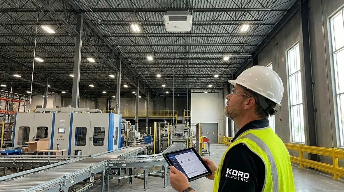 Technician configuring commercial lighting control system for ROI