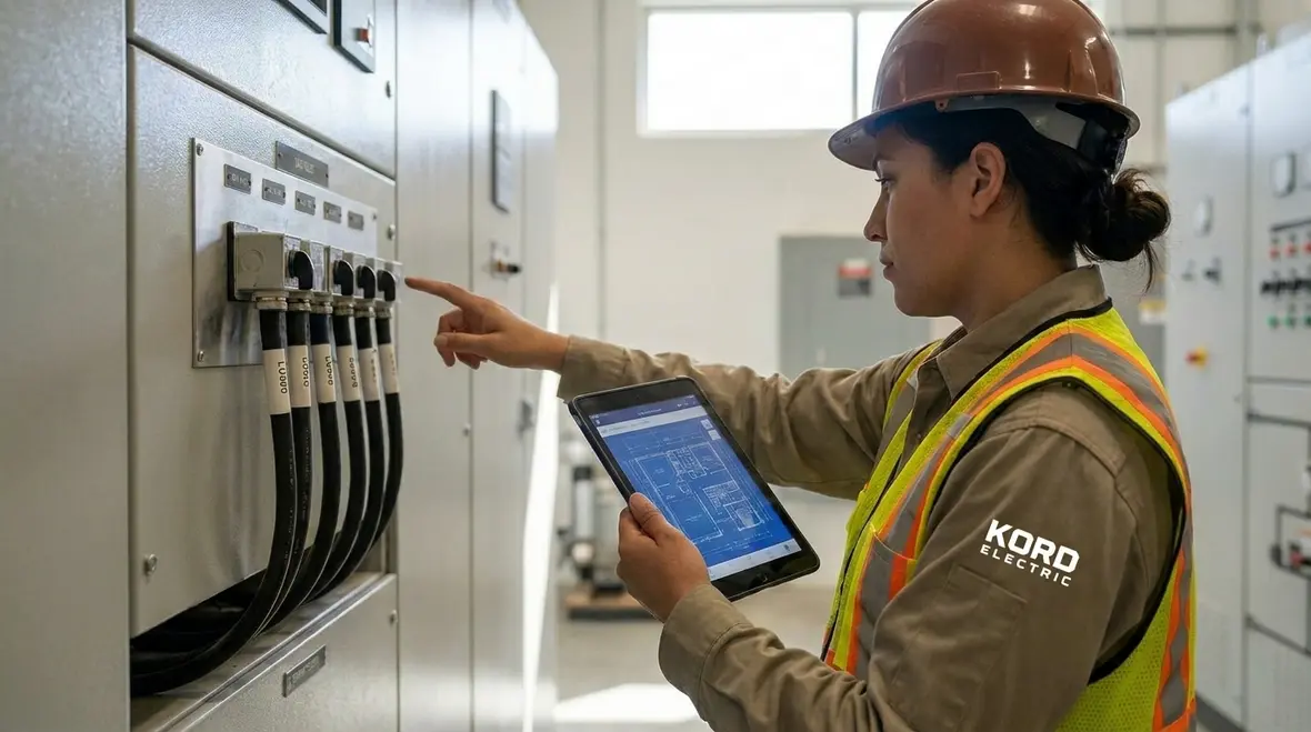 Technicians reviewing emergency power loss prevention plans for a commercial facility