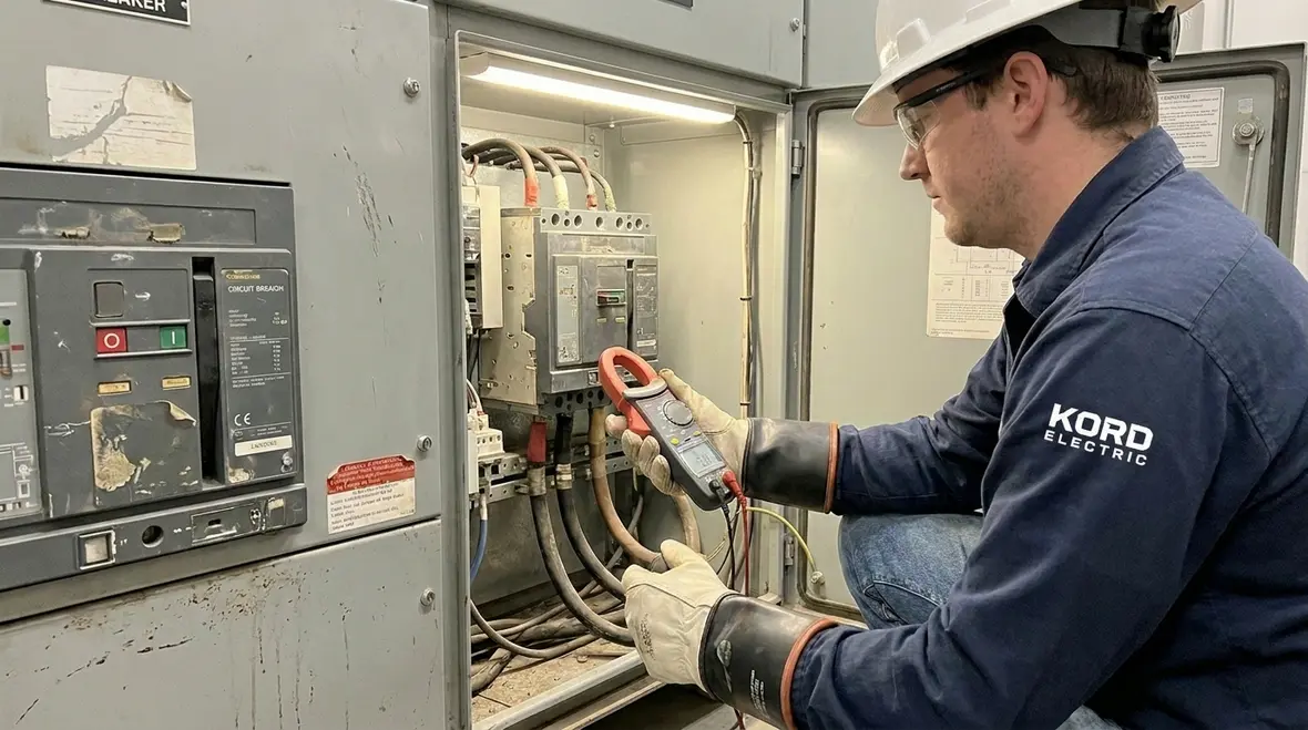 Close-up of industrial breaker components during maintenance inspection