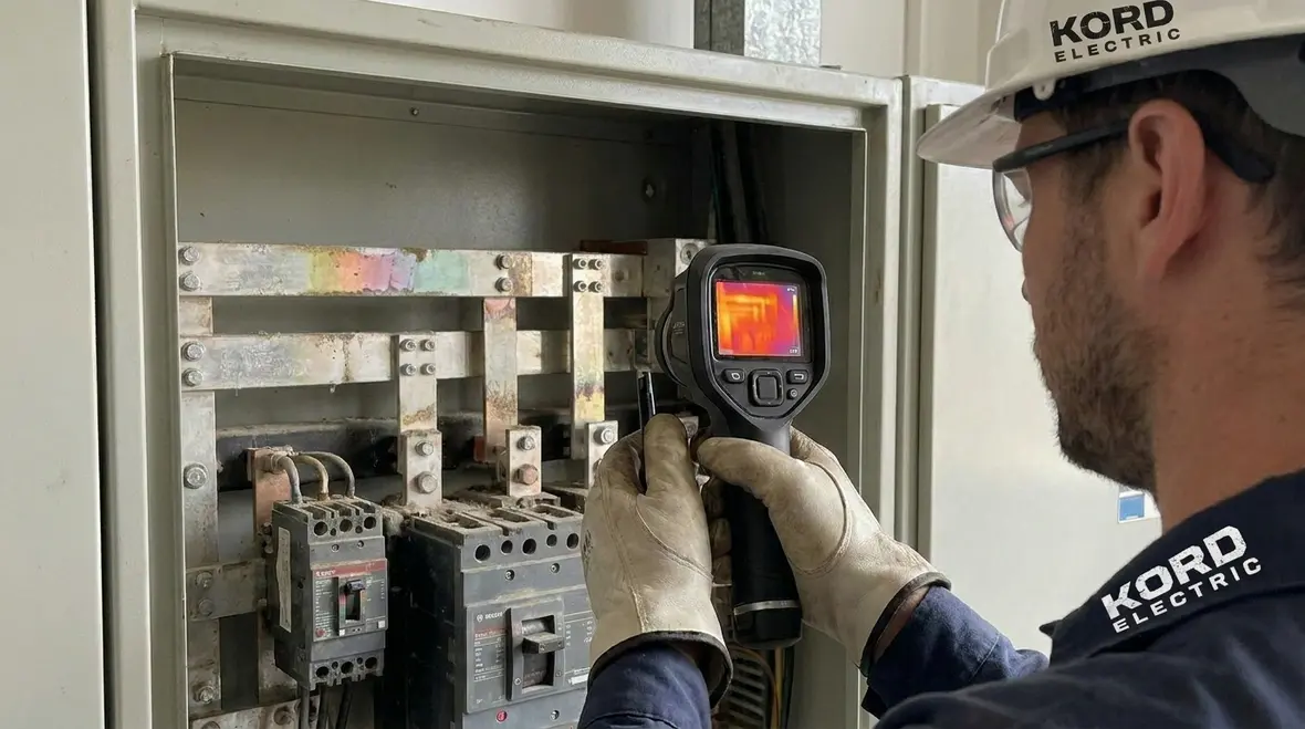 Technician performing industrial circuit breaker maintenance in a commercial electrical room