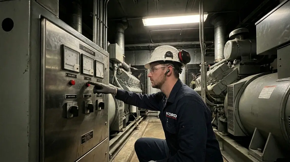 Technicians performing emergency power system testing in a commercial building