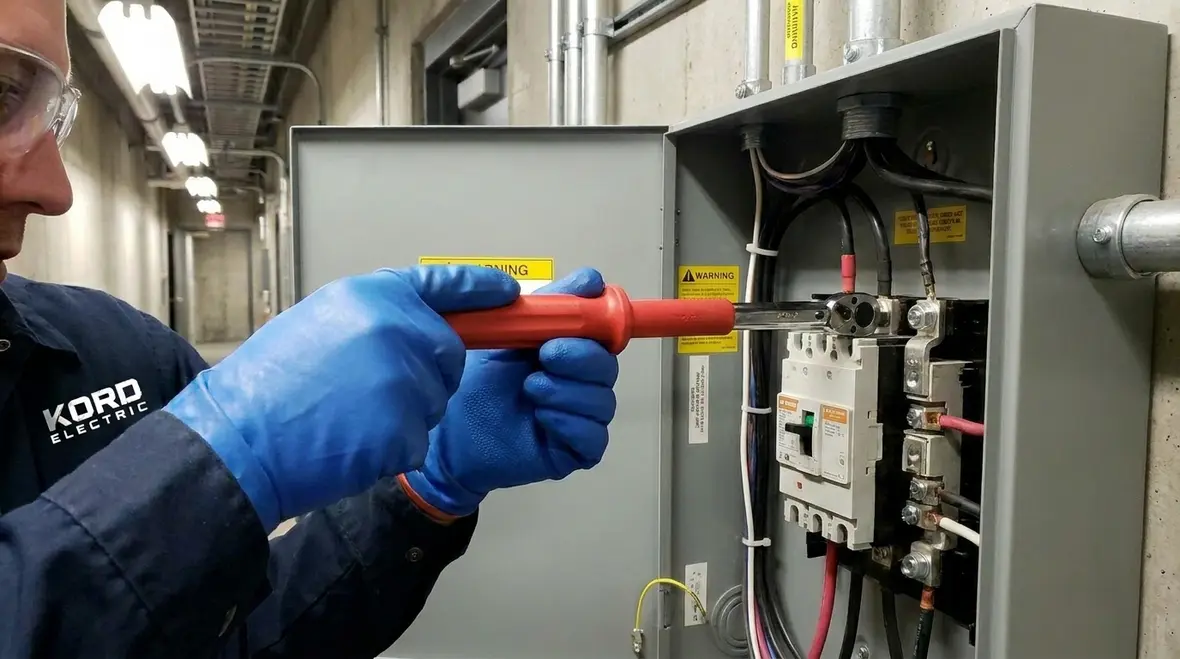 Technician performing preventative maintenance on a commercial electrical panel