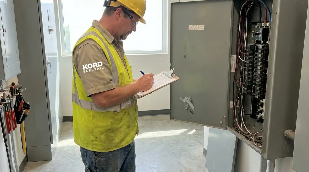 Commercial electrician inspecting preventative maintenance electrical panels