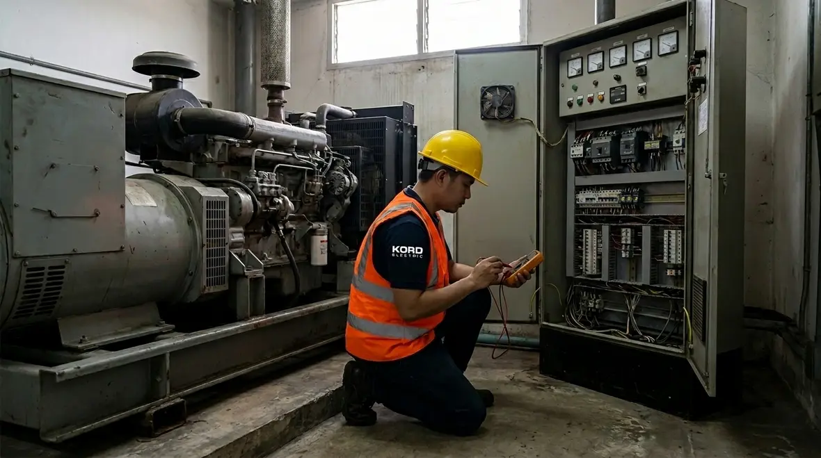 Technician performing emergency power system testing on commercial backup generator