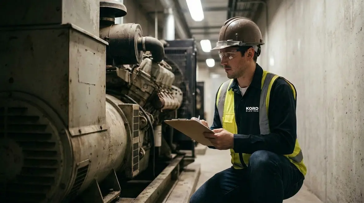 Technician performing emergency power system testing in a commercial electrical room
