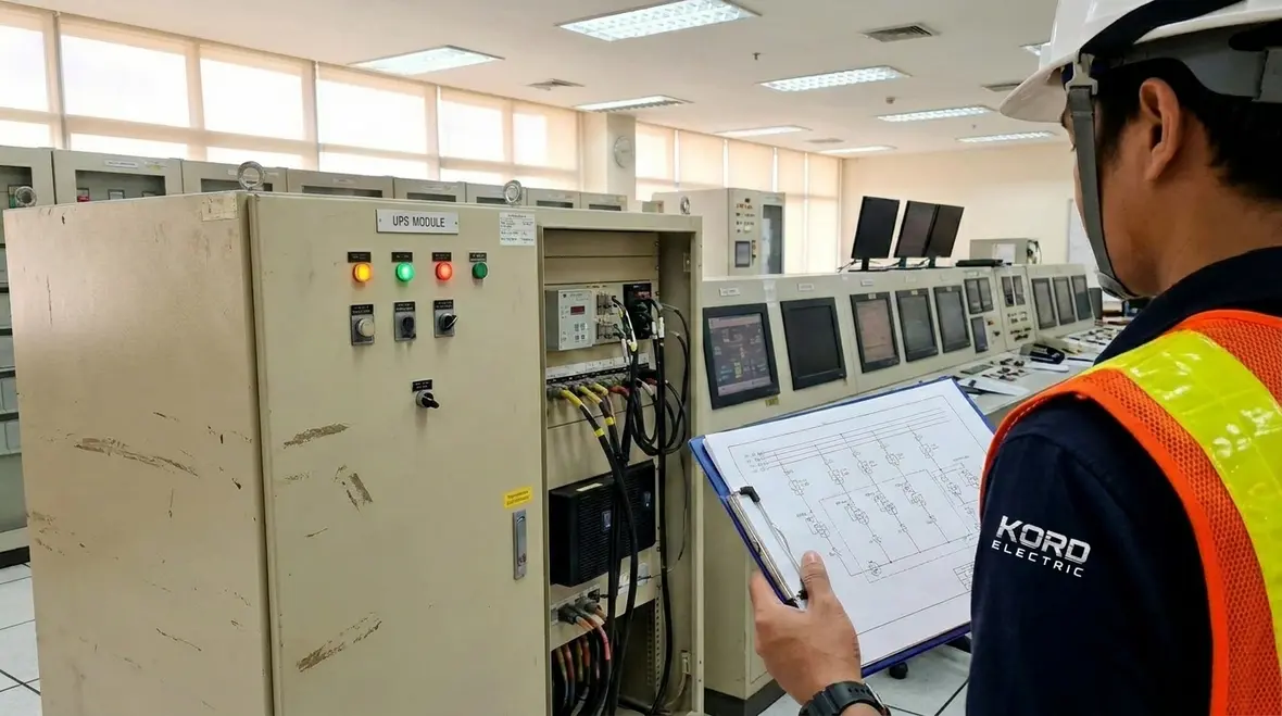 Technician performing emergency power system testing procedures in a commercial electrical room