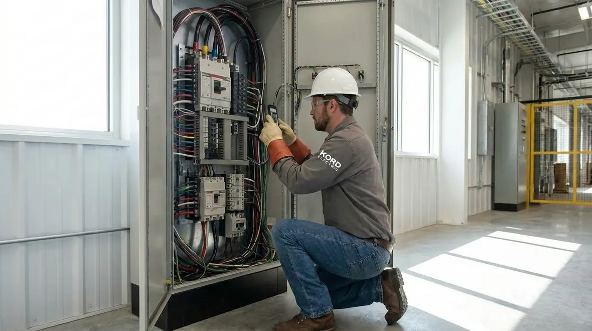 Commercial electrician inspecting a subpanel for safety upgrades