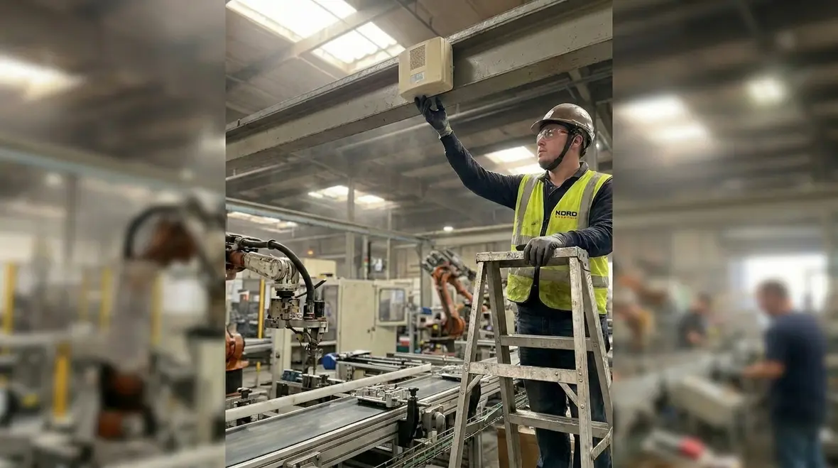 Technician inspecting industrial smart lighting fixtures in a commercial facility