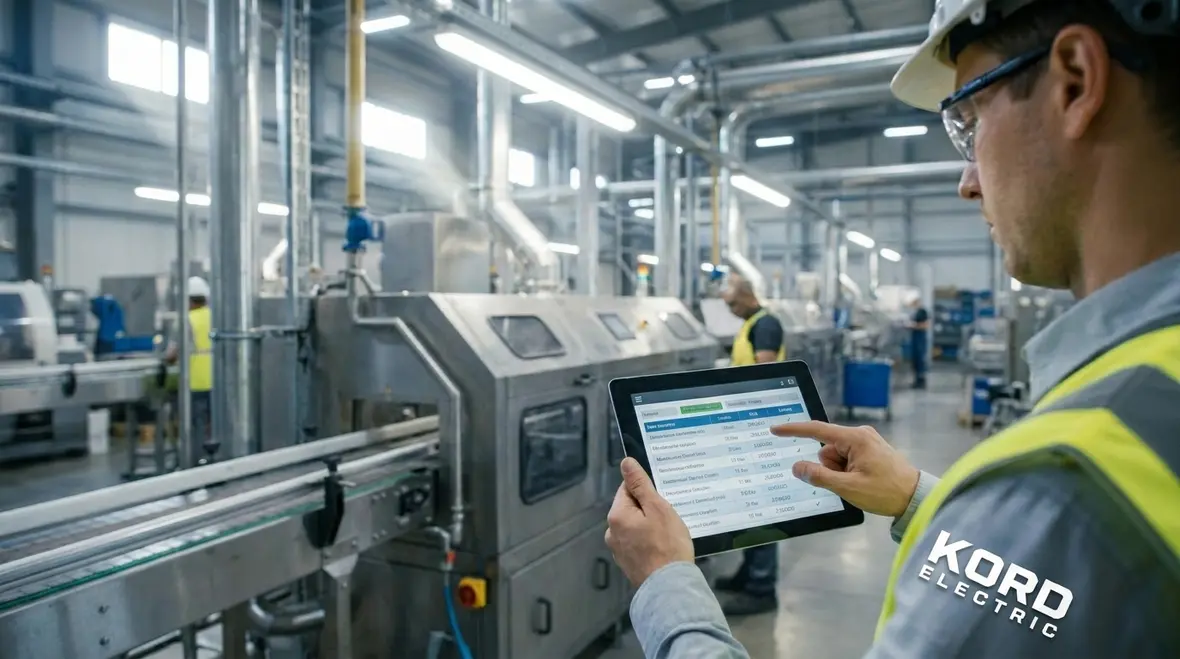 Maintenance technician reviewing industrial lighting maintenance plan on tablet