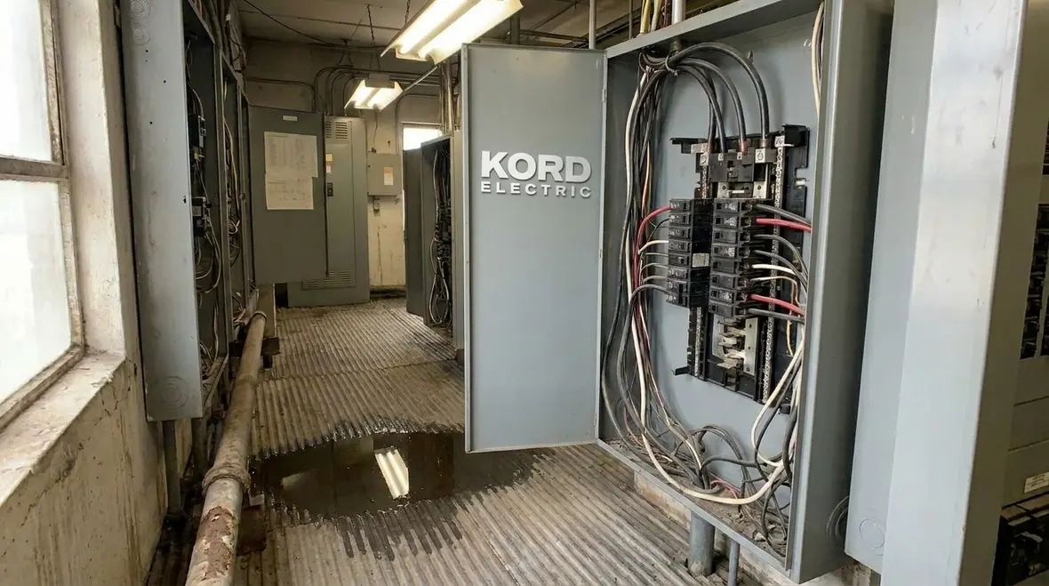 Technician restoring commercial electrical power safely during an emergency