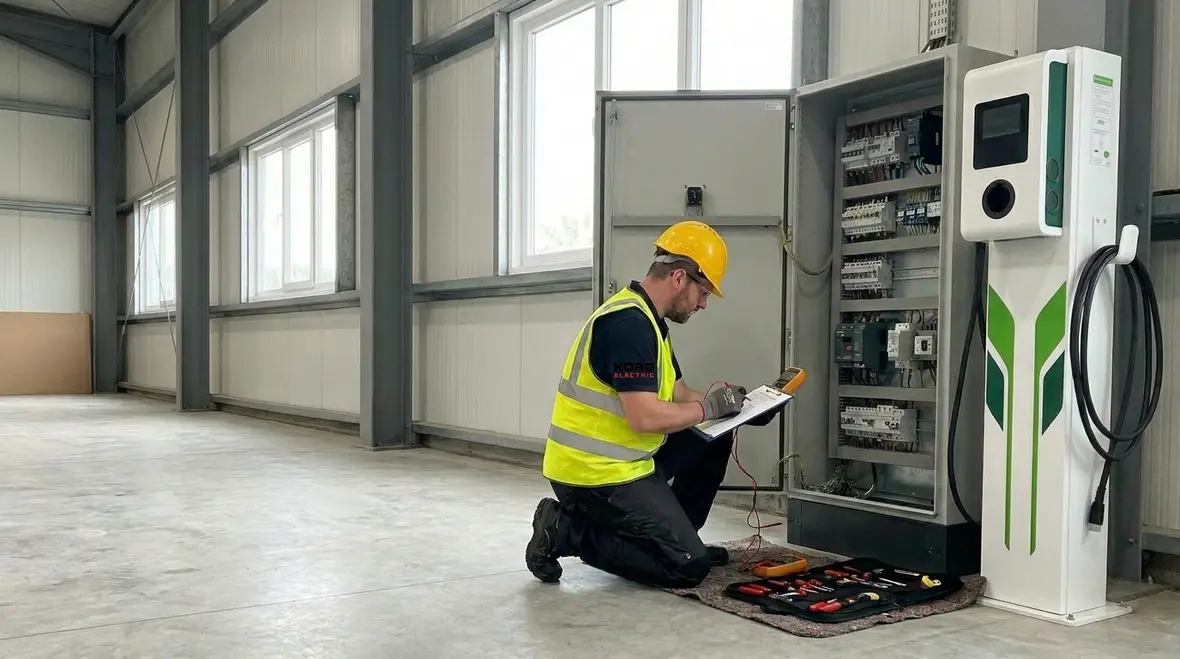 Commercial EV charger power demand analysis being reviewed on site