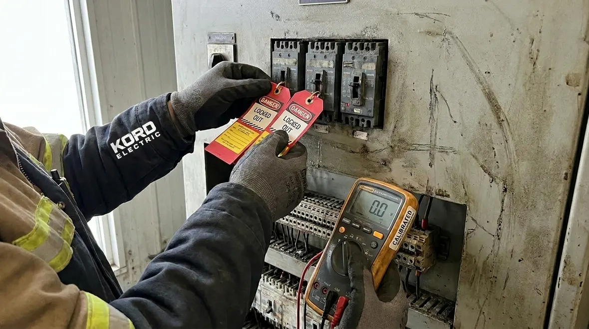 Technicians planning industrial control panel safety procedures