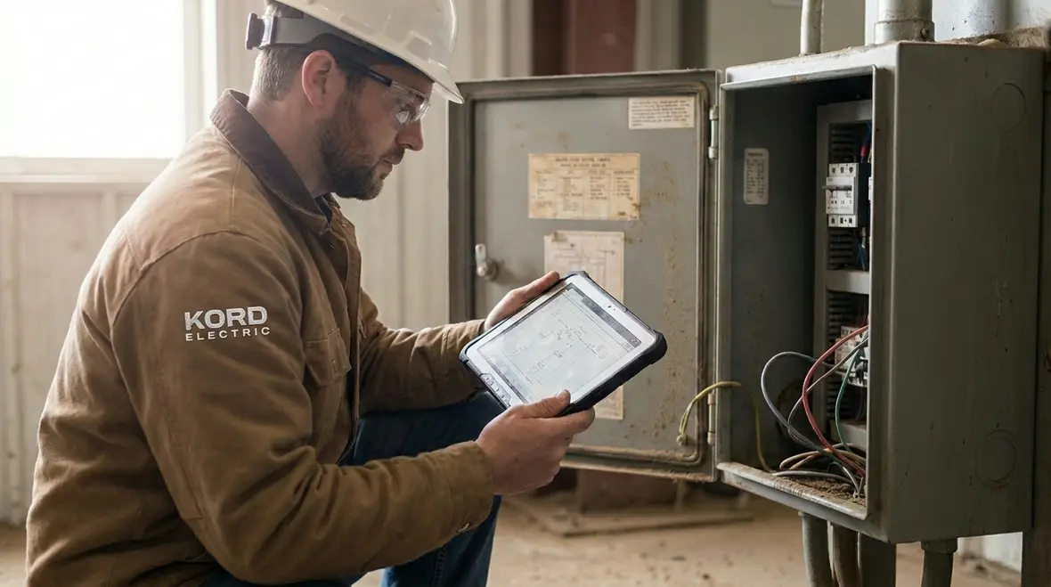 Technician inspecting electrical panels and distribution equipment during an audit