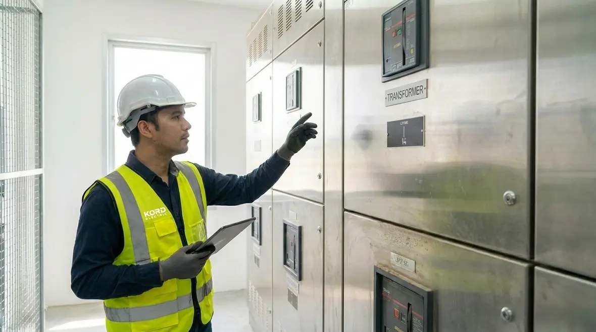 Technician performing a facility electrical audit checklist inside a commercial electrical room