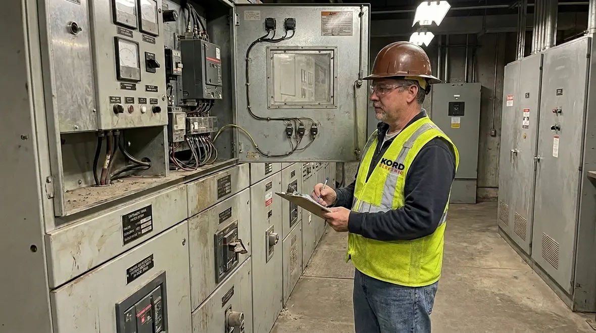 Technician performing a facility electrical risk assessment in a commercial electrical room