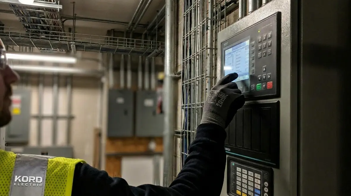 Technician reviewing facility energy load balancing controls in a commercial electrical room