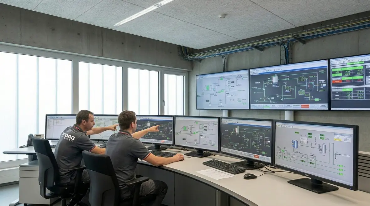 Electrical technicians reviewing facility energy management strategies on a commercial site