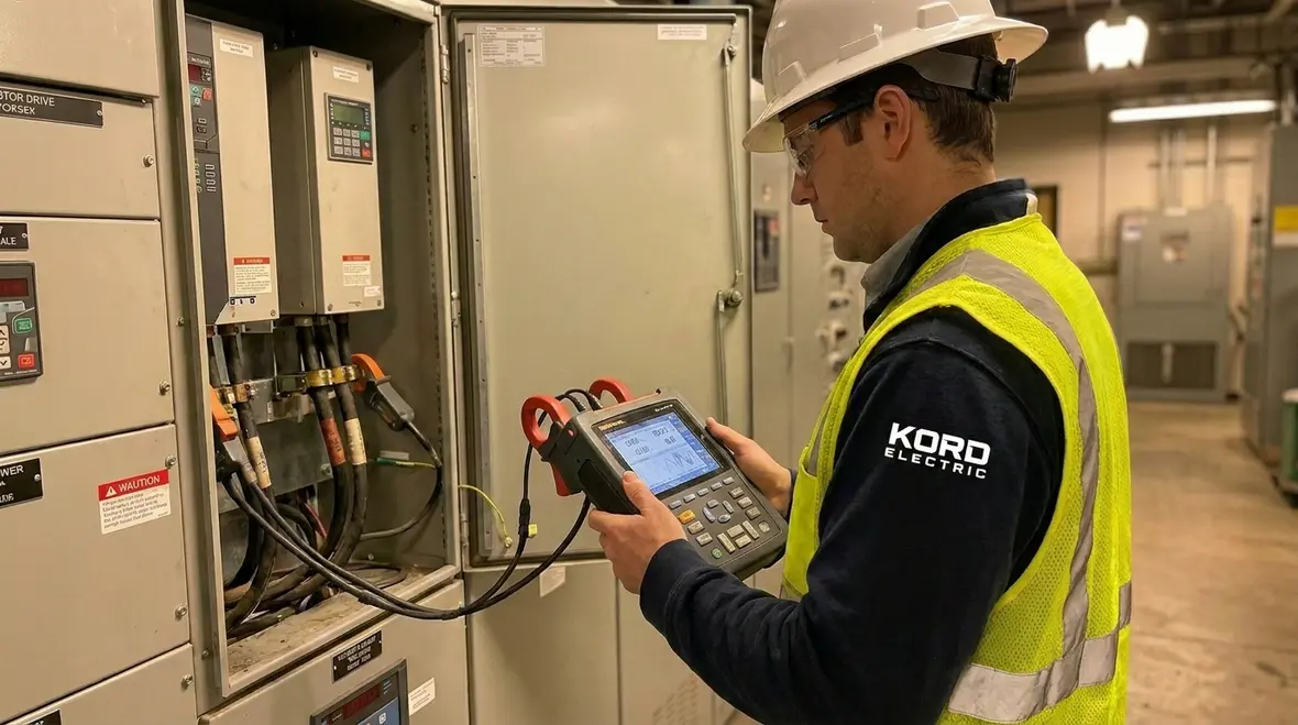 Technician reviewing facility power factor correction cabinet in an industrial electrical room