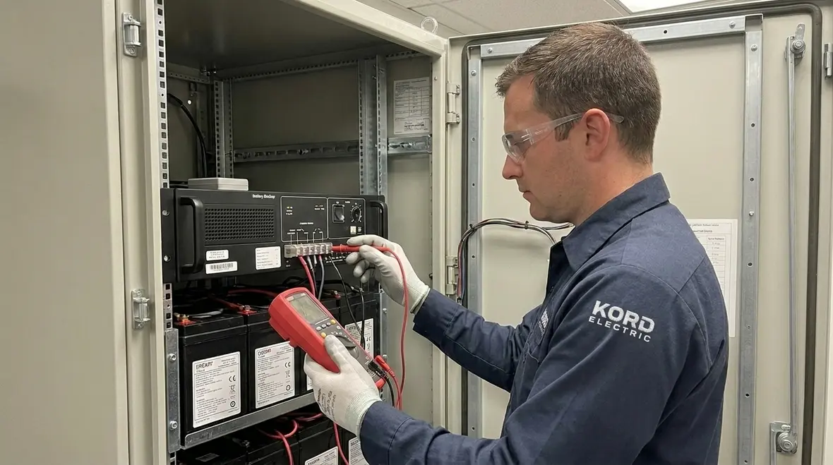 Technician testing factory emergency lighting systems for compliance