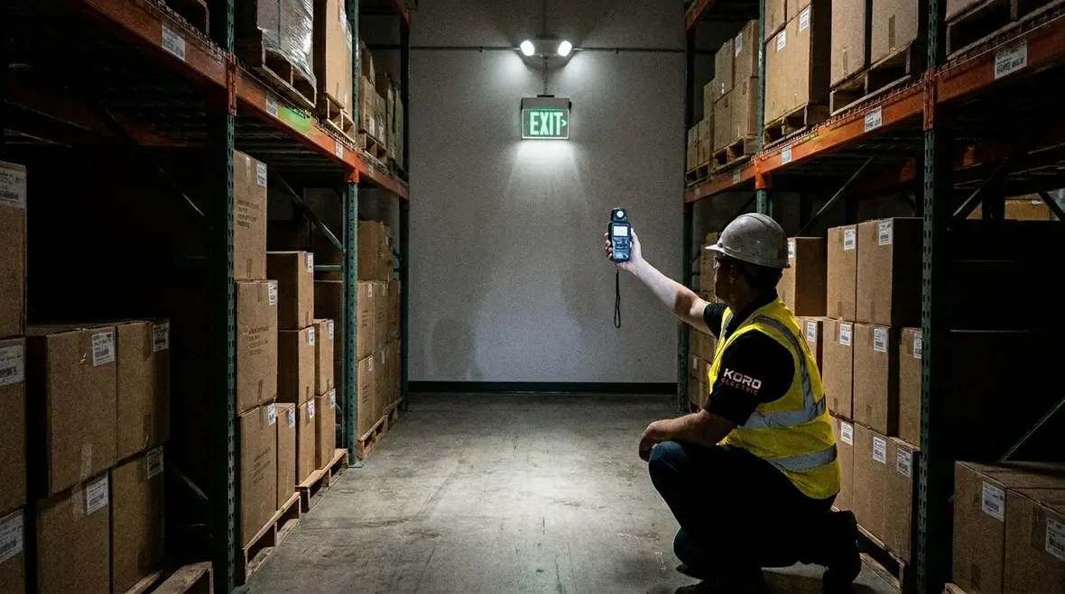Factory emergency lighting systems illuminating an industrial facility corridor